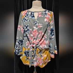 Elegant Floral Tie-Front Blouse - Gray, Pink, Yellow